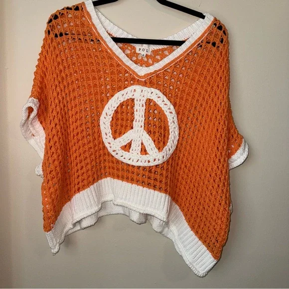 POL Dreamsicle Open Weave Crochet Peace Sign Sweater Size Small - Picture 2 of 14